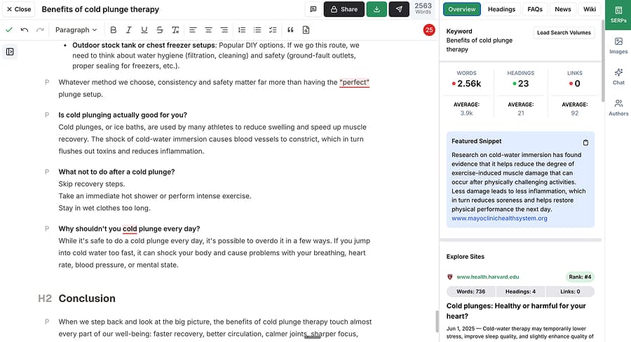 Cuppa's editor is detailed without being overwhelming, with a SERP sidebar and inline chat.