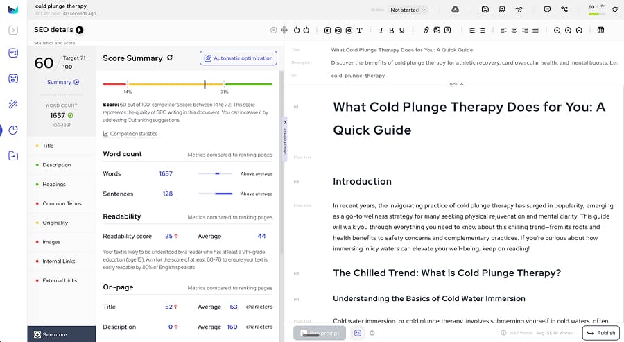 The editor is useful, but Outranking's own AI content scored just 60, below its recommended target of 71